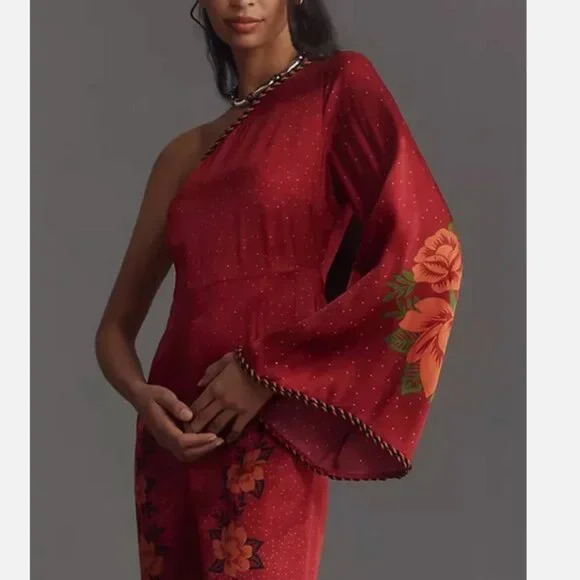 NEW Farm Rio x Anthropologie One-Shoulder Printed Satin Jumpsuit Size XS Red NWT